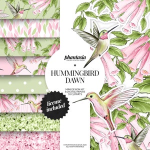 Hummingbird Clipart Bundle, Hummingbird Digital Papers, Hummingbird Watercolor Clipart, Flowers Elements, Seamless Patterns, Pink Glitter