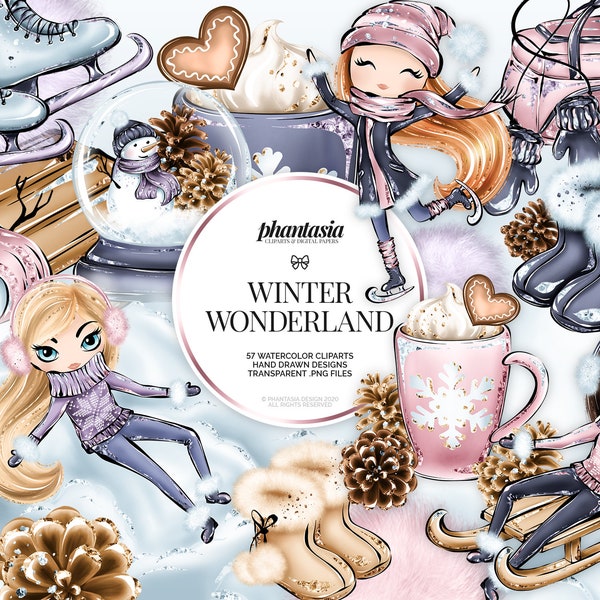 Winter Watercolor Clipart, Cute Winter, Winter Girls, Winter Dolls, Christmas Clipart, Winter Illustration, Winter Vacation