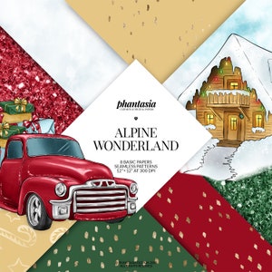 Könnte beinhalten: Ein digitales Papierpaket mit 8 nahtlosen Mustern, die einen roten Lastwagen mit Geschenken, eine Hütte im Schnee und verschiedene winterliche Texturen zeigen. Die Muster sind 30,48 cm x 30,48 cm bei 300 DPI. Der Text "phantasia CLIPARTS & DIGITAL PAPERS ALPINE WONDERLAND 8 BASIC PAPERS SEAMLESS PATTERNS 12"x12" AT 300 DPI PHANTASIA DESIGN 2019 ALL RIGHTS RESERVED" ist im Bild enthalten.
