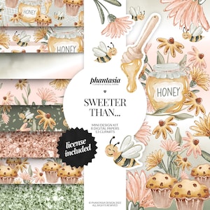Honey Digital Kit, Bee Clipart, Watercolor Clipart, Seamless Pattern, Spring Flowers, Surface Pattern, Spring Graphics