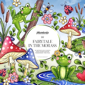 Frogs Acquerello Clipart, Morass Clipart, Ladybug Clipart, Frogs Graphics, Morass Elements, Frog Png, Ladybug Png, Daisy Flowers