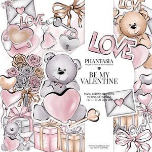 Valentines Day Watercolor Clipart, Teddy Bear Clipart, Valentines Gift Clipart, Valentines Elements, Valentines Day Stickers, Love Clipart