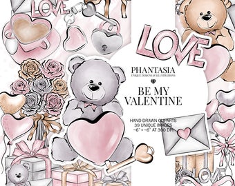 Valentines Day Watercolor Clipart, Teddy Bear Clipart, Valentines Gift Clipart, Valentines Elements, Valentines Day Stickers, Love Clipart