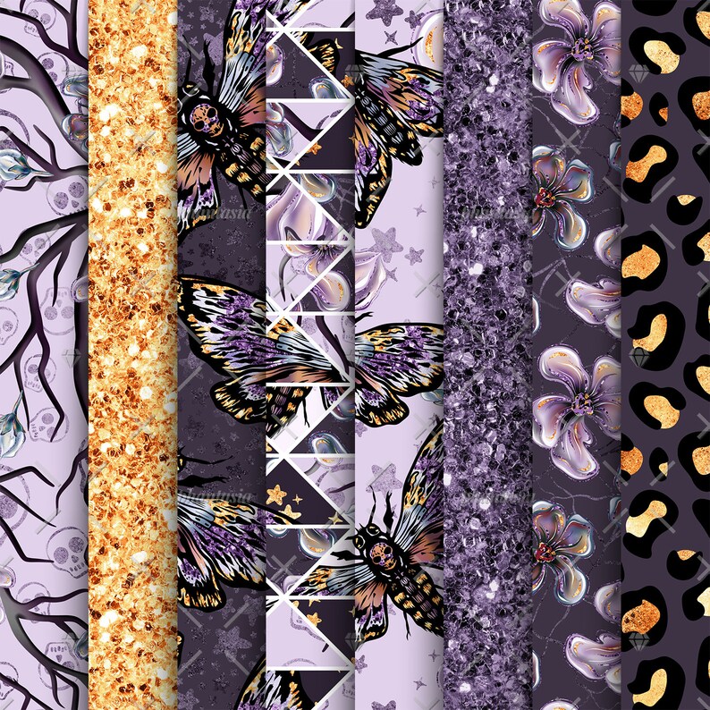 May include: A digital paper pack with 10 different patterns. The patterns include a purple glitter background, a gold glitter background, a purple floral pattern, a black and gold leopard print, and a purple background with a geometric pattern and butterflies.