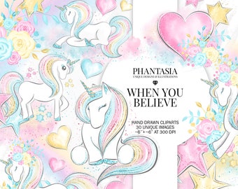 Unicorn Clipart, Whimsical Clipart, Unicorn Planner, Rainbow Unicorn, Fantasy Watercolor, Pastel Unicorn, Magical Clip Art, Unicorn