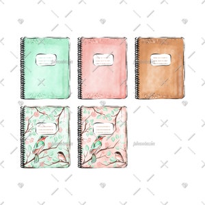 May include: Set of five spiral notebooks with different designs. The notebooks have a light green, pink, brown, and two floral designs with birds. The notebooks have a blank space for writing a title.