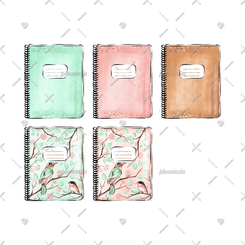 May include: Set of five spiral notebooks with different designs. The notebooks have a light green, pink, brown, and two floral designs with birds. The notebooks have a blank space for writing a title.