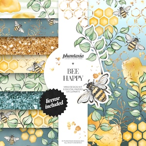 Bees Clipart Bundle, Bees Digital Papers, Bee Watercolor Clipart, Seamless Patterns, Bees Kit, Bee Png, Honeycomb, Digital Scrapbook