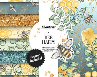 Bees Clipart Bundle, Bees Digital Papers, Bee Watercolor Clipart, Seamless Patterns, Bees Kit, Bee Png, Honeycomb, Digital Scrapbook