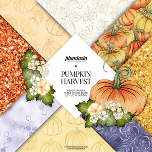 May include: A digital paper pack with 8 different patterns featuring pumpkins, leaves, and flowers. The patterns are in shades of orange, yellow, brown, and white. The text "Pumpkin Harvest" is in the center of the image.
