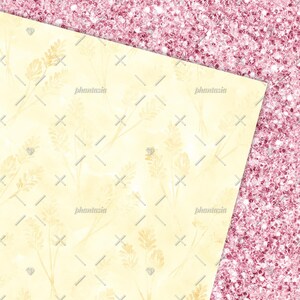 May include: A digital paper pack with two seamless patterns. One pattern features a pale yellow background with a delicate floral design in a light brown colour. The second pattern features a pink glitter background.