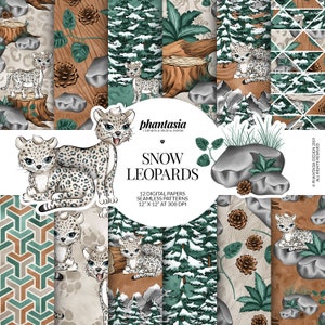 Snow Leopards Digital Papers, Winter Patterns, Leopard Pattern, Surface Patterns, Winter Digital, Christmas Digital, Seamless Patterns