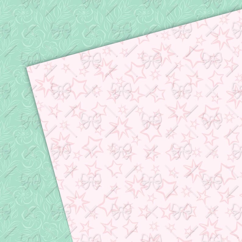 May include: A seamless pattern featuring pink stars and bows on a white background. The pattern is perfect for crafting projects, scrapbooking, and digital design.