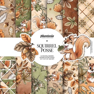 May include: A set of 12 digital papers featuring cute squirrels with acorns and autumn leaves in various patterns. The papers are 12 inches by 12 inches and 300 DPI.