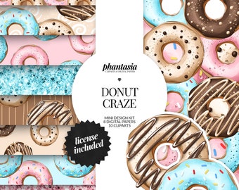 Donut Clipart Bundle, Donut Digital Papers, Donut Watercolor Clipart, Seamless Patterns, Donut Digital Kit, Watercolor Clipart, Donut Png