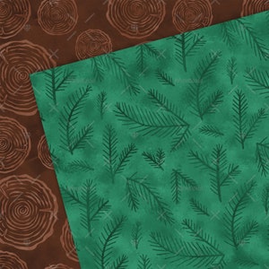 May include: A seamless pattern featuring brown wood grain rings on a brown background and green pine branches on a green background.