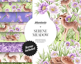 Spring Digital Kit, Fawn Clipart, Watercolor Clipart, Seamless Pattern, Glitter, Spring Flowers, Surface Pattern, Spring Graphics