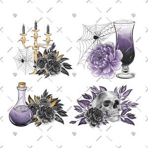 May include: A digital illustration featuring Halloween-themed elements. It includes a gold candelabra with black candles, a spider web, a purple peony, a skull, a potion bottle, and a cocktail. The color palette consists of black, gold, purple, and white.