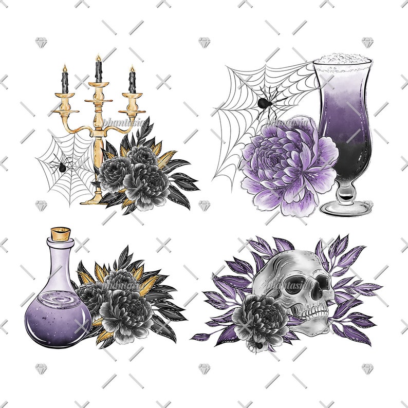 May include: A digital illustration featuring Halloween-themed elements. It includes a gold candelabra with black candles, a spider web, a purple peony, a skull, a potion bottle, and a cocktail. The color palette consists of black, gold, purple, and white.