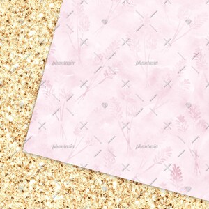 May include: A pink and white digital paper with a delicate floral pattern. The background is a soft pink with a subtle watercolour effect. The flowers are a light pink and are arranged in a repeating pattern.