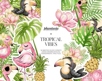 Tropical Cliparts, Flamingo Illustration, Exotic Stickers, Toucan Clip Art, Summer Cliparts, Tropical Planner, Palm Leaves, Cute Flamingo