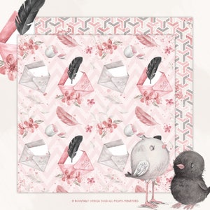 May include: A pink and grey patterned digital paper with a chevron design. The pattern includes envelopes, feathers, flowers, and eggs. Two birds are in the bottom right corner of the paper. The text "Phantasi Design 2018 All Rights Reserved" is at the bottom of the paper.