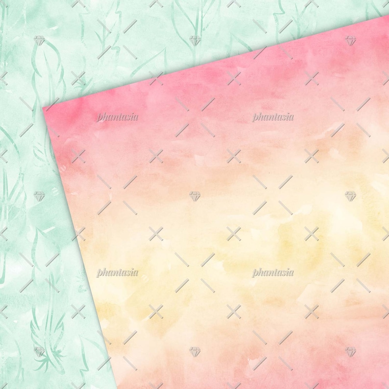 Puede incluir: Un paquete de papel digital con dos fondos de acuarela. Un fondo es un degradado de rosa, naranja y amarillo. El otro fondo es verde claro con un patr&oacute;n de plumas estilizadas.