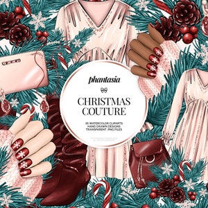 Navidad moda Clipart, Couture Clipart, moda de invierno, elementos de Navidad, elementos de moda, acuarela de Navidad, planificador de Navidad