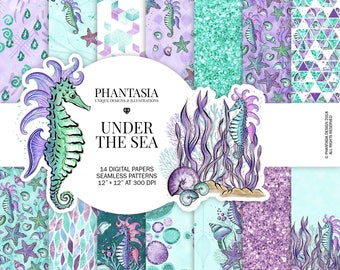 Mermaid Digital Paper, Summer Digital Paper, Sealife Digital Papers, Whimsical Digital Papers, Seahorse Pattern, Scrapbooking Papers