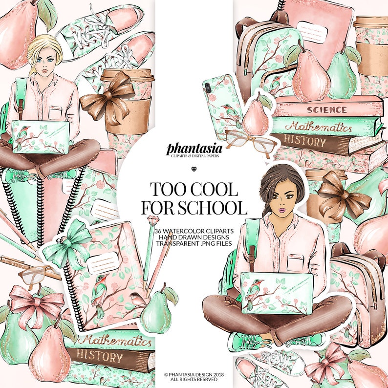 May include: A set of 36 watercolor clipart illustrations featuring a young person with a backpack, books, a laptop, a coffee cup, pears, and other school supplies. The illustrations are in a pink, green, and brown color scheme and have a whimsical, hand-drawn style. The text "Too Cool For School" is included in the image.