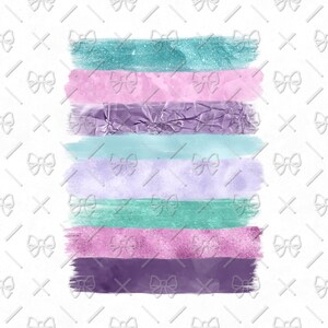May include: A set of six horizontal brushstrokes in various shades of purple, pink, and teal. The brushstrokes are painted on a white background.