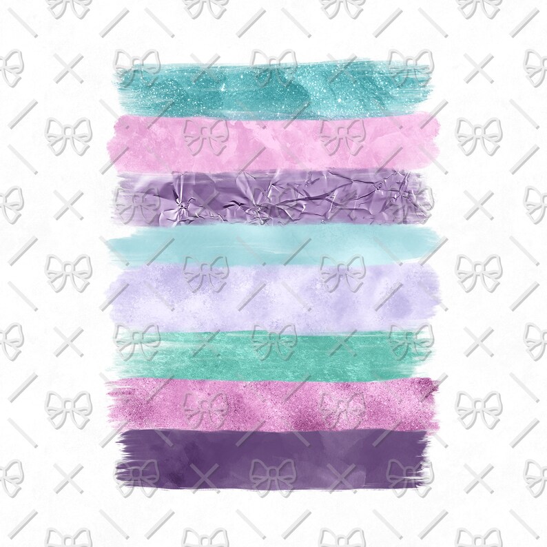 May include: A set of six horizontal brushstrokes in various shades of purple, pink, and teal. The brushstrokes are painted on a white background.