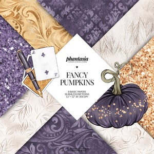 May include: A set of 8 digital papers featuring purple and gold pumpkins, glitter, and damask patterns. The papers are 12 inches by 12 inches and 300 DPI.
