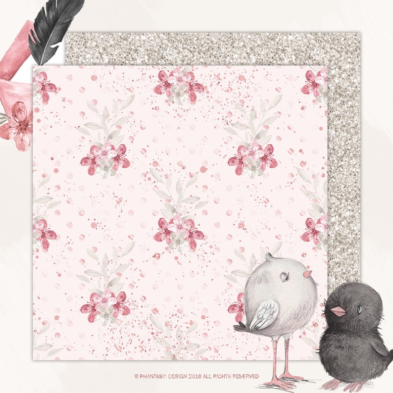 May include: A pink background with a white and pink floral pattern. Two birds are in the bottom right corner of the image. One bird is grey and the other is black. The text "&copy; PHANTASIA DESIGN 2018 ALL RIGHTS RESERVED" is at the bottom of the image.