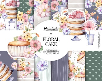 Watercolor Floral Cake Digital Paper, Cake Patterns, Floral Patterns, Cake Digital Paper, Seamless Patterns, Floral Planner
