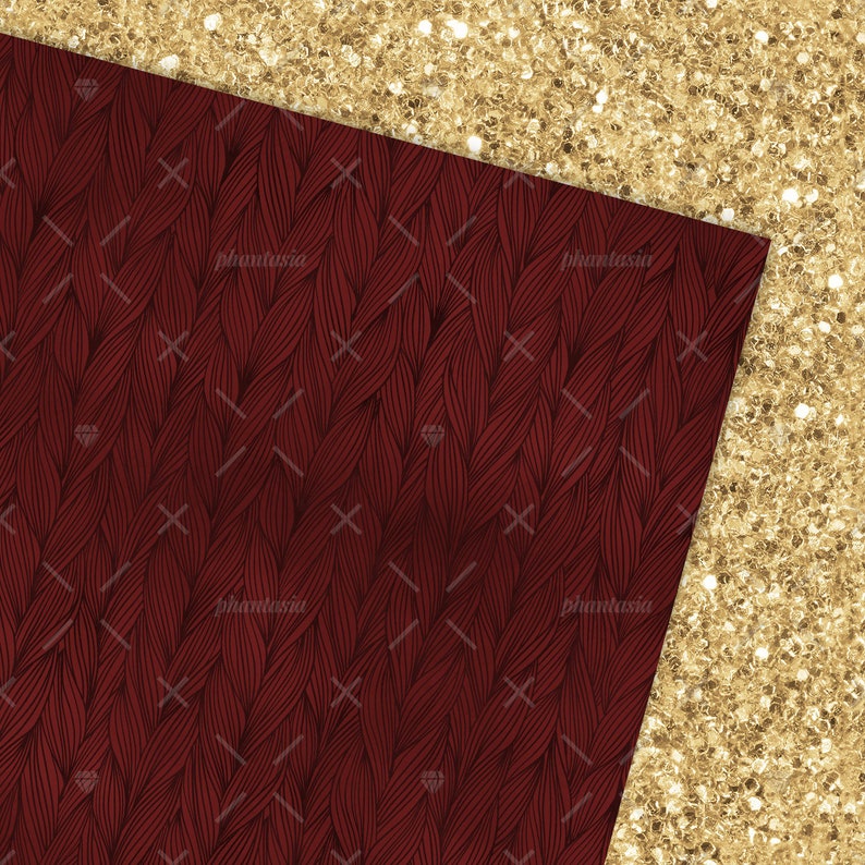 May include: A red and gold digital paper pack with a braided pattern and glitter texture. The digital paper pack is perfect for creating digital crafts, scrapbooking, and other creative projects.