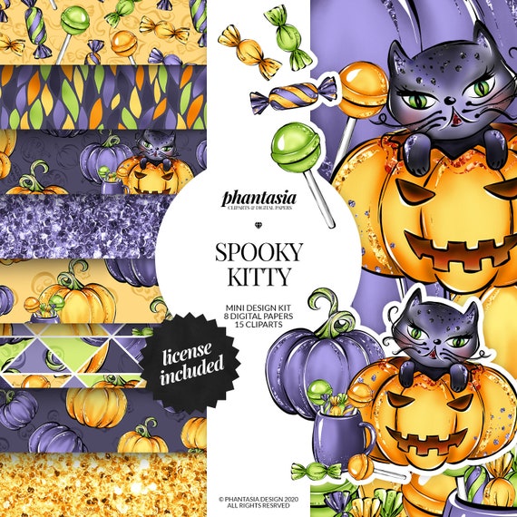 Halloween Cat Clipart Set, Halloween Digital Paper, Cute Cat, Cute Halloween, Halloween Graphics, Halloween Pattern, Cat Pattern