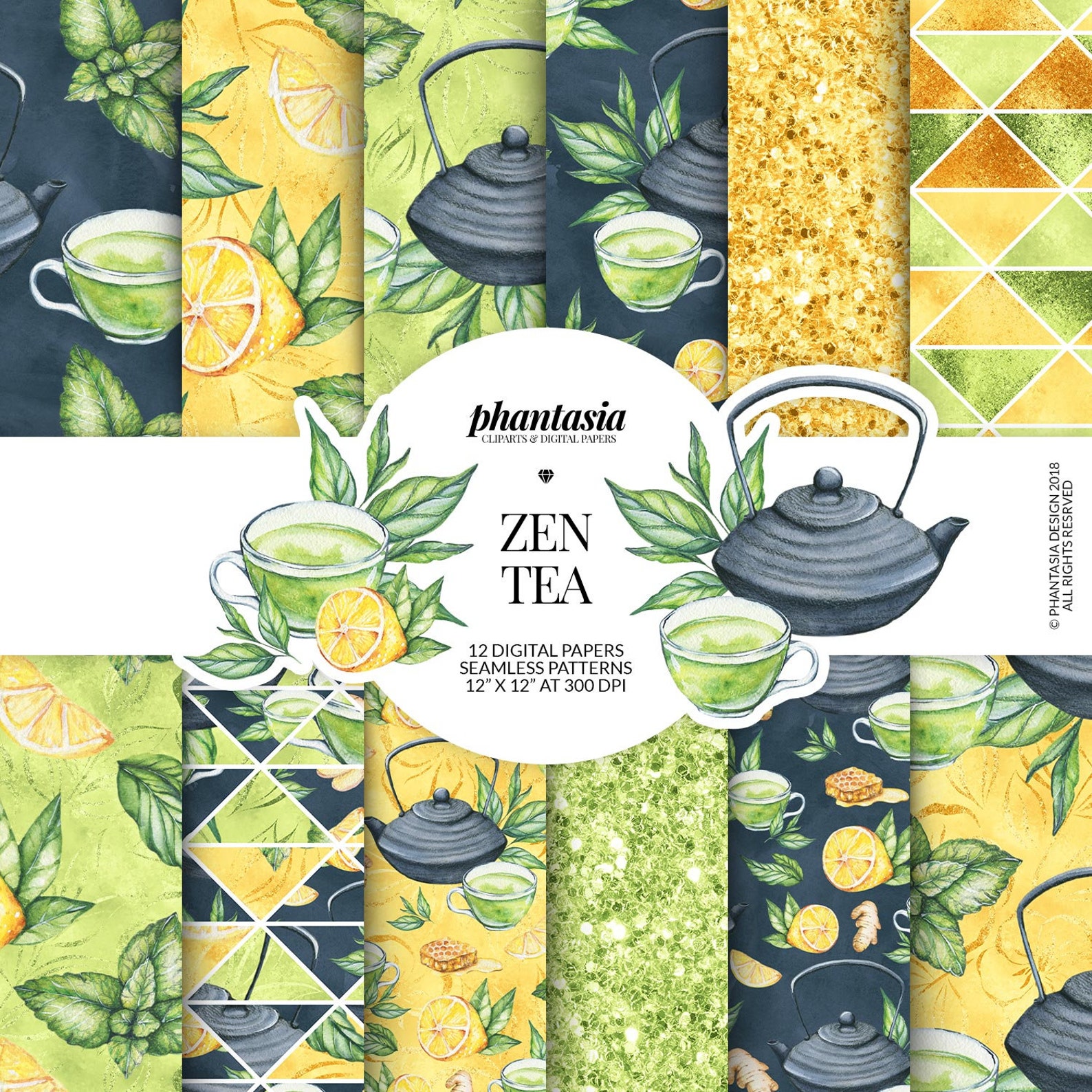 Green Tea Digital Paper Me Time Green Tea Patterns Zen | Etsy