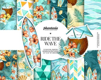 Tropical Island Digital Paper, Surfing Digital Paper, Exotic Digital Paper, Waves Pattern, Summer Planner, Waves Seamless, Seashells