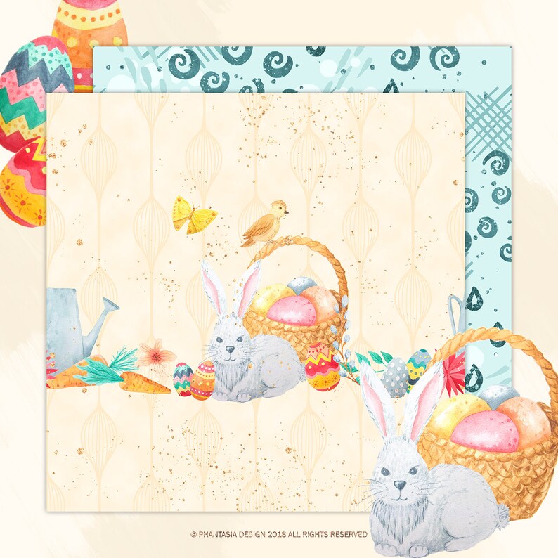 May include: A watercolor illustration of two white bunnies with baskets full of colorful Easter eggs. The bunnies are sitting on a light yellow background with a delicate pattern of leaves and a gold glitter effect. There is a small bird perched on a basket and a butterfly flying above.