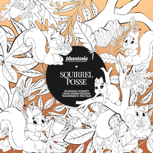 以下が含まれることがあります： 森の背景に、白黒の線画で描かれたリスのイラスト。リス、葉、枝、ドングリが描かれている。画像の中央には「Squirrel Posse」という文字が書かれている。