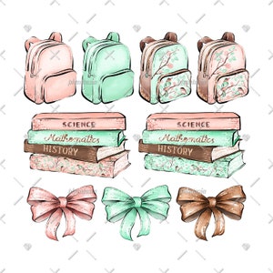 May include: Four pastel-colored backpacks with floral designs, three stacks of books with the titles "Science", "Mathematics", and "History", and three bows in pink, green, and brown.