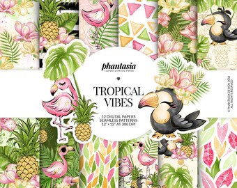 Tropical Digital Paper, Cute Flamingo, Exotic Pattern, Summer Seamless, Tropical Planner, Planner Covers, Pineapples Pattern, Tropical