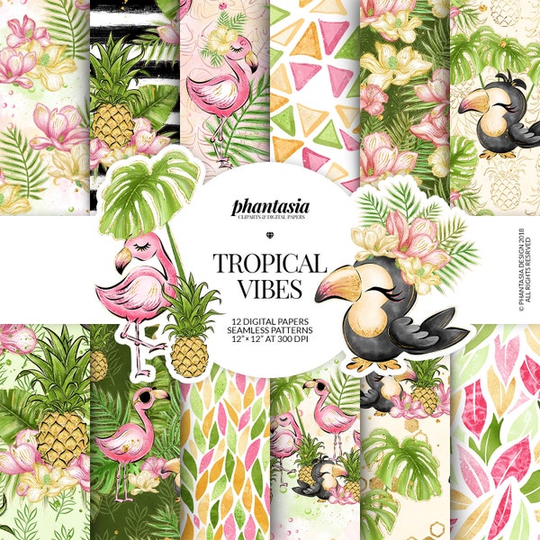 Tropical Digital Paper, Cute Flamingo, Exotic Pattern, Summer Seamless, Tropical Planner, Planner Covers, Pineapples Pattern, Tropical