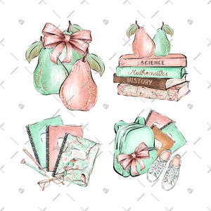 May include: A set of four digital illustrations featuring school supplies and pears. The illustrations include a stack of books with the words "Science", "Mathematics", and "History" on the spines, a backpack with a pink bow, two notebooks, a pair of glasses, and a pencil, and two pears with a pink bow.