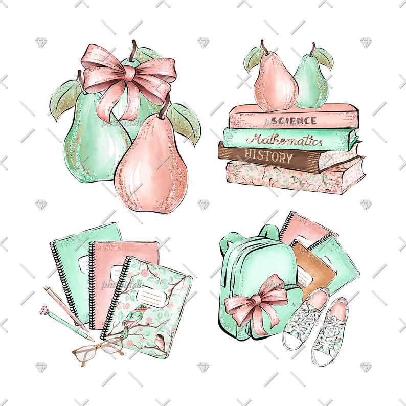 May include: A set of four digital illustrations featuring school supplies and pears. The illustrations include a stack of books with the words "Science", "Mathematics", and "History" on the spines, a backpack with a pink bow, two notebooks, a pair of glasses, and a pencil, and two pears with a pink bow.
