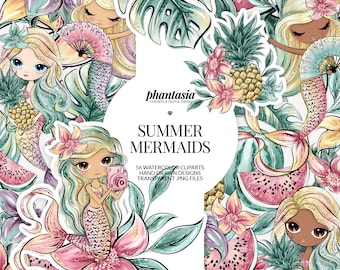 Summer Mermaids Watercolor Clipart, Tropical Mermaids, Sunny Mermaids, Exotic Mermaids, Tropical Watercolor, Cute Mermaids