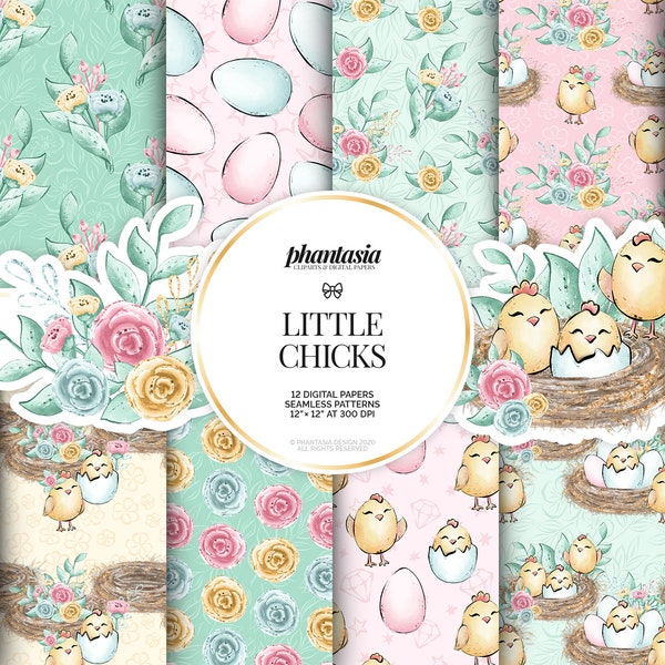 Chicks Digital Paper, Easter Digital Paper, Cute Animal Pattern, Cute Chicks Patterns, Cute Easter, Hand Drawn Patterns