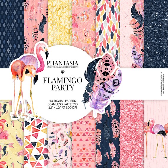 Flamingo Digital Paper Pack, Boho Digital Paper, Flamingo Pattern, Feathers Seamless, Pink and Navy, Coral, FlamingoScrapbooking Paper