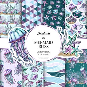Mermaid Digital Papers, Mermaid Patterns, Mermaid Seamless, Mermaid Background, Surface Patterns, Sealife Pattern, Sealife Digital
